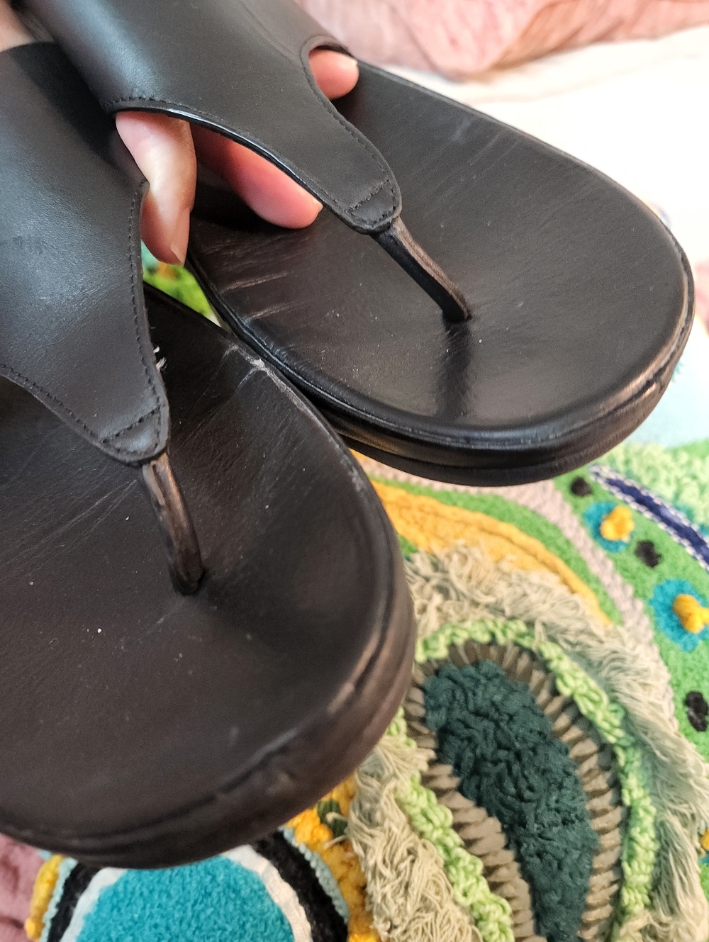 Black Leather Women's Toe-Post Sandals - Picture 8 of 10